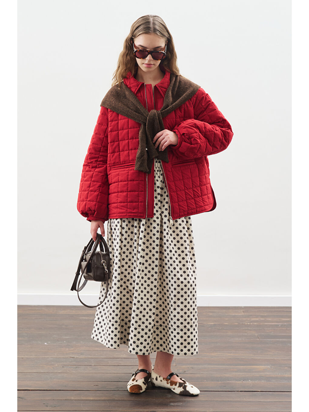 Puantiyeli Beli Büzgülü Etek Ekru-2