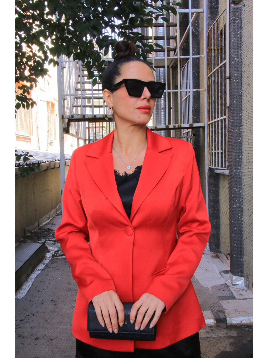 Kırmızı Kadın, Tek Düğmeli, Broşlu, Şik, Blazer Ceket-7