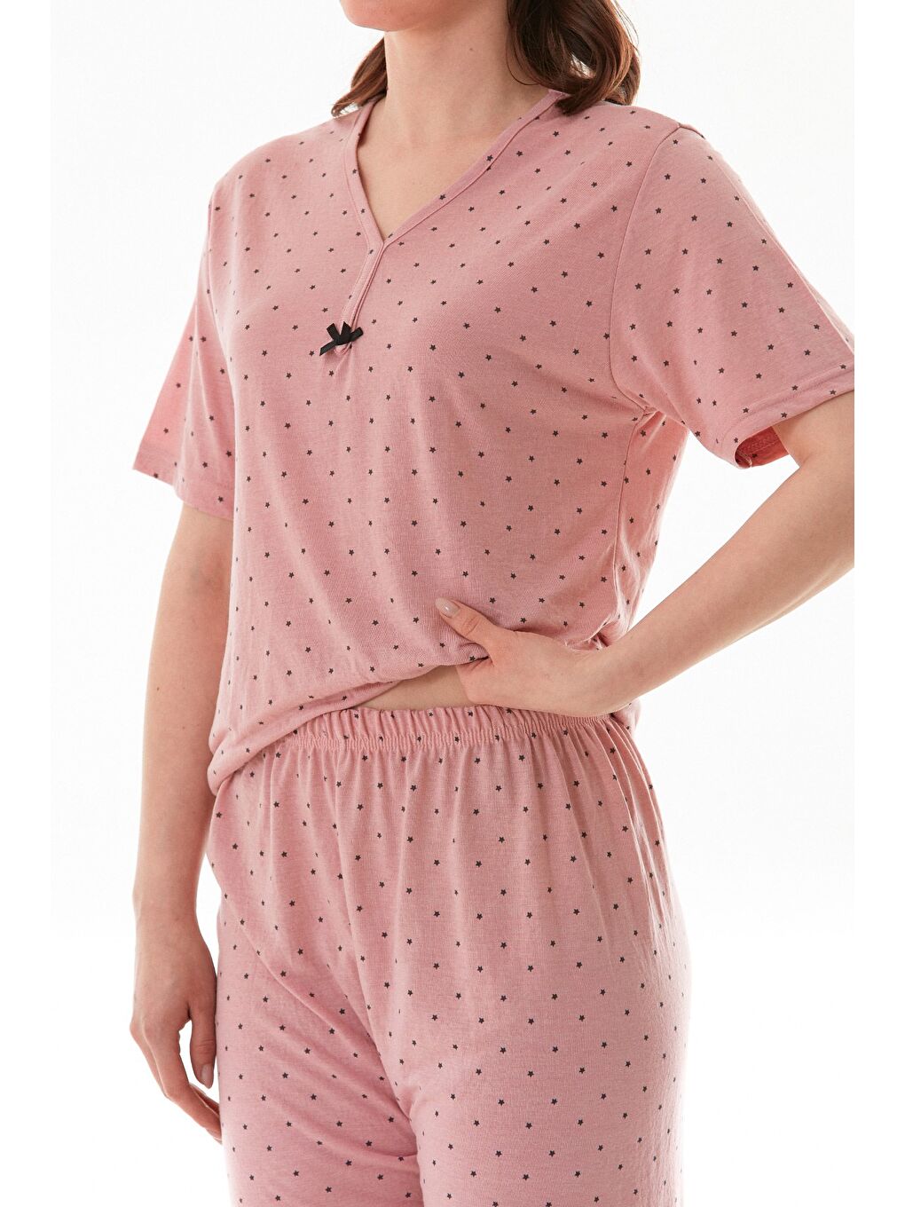 Pembe Yıldız Desenli Kısa Kol Büyük Beden Kapri Pijama Takımı-4