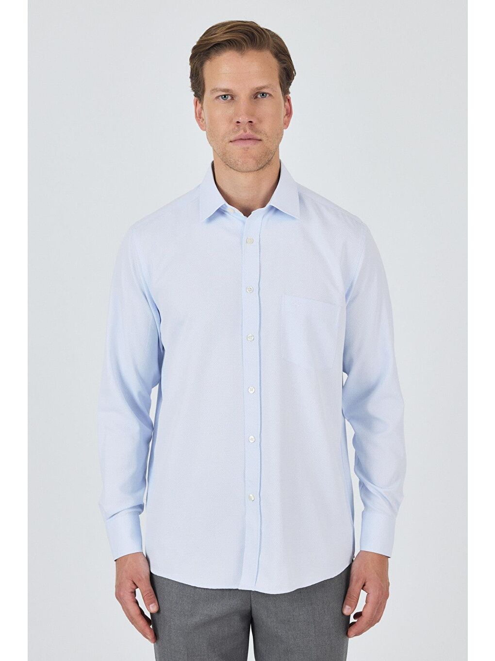 Mavi Uzun Kol Desenli Armürlü Sert Yaka Cepli Pamuklu Classic Comfort Fit Gömlek 1004250183