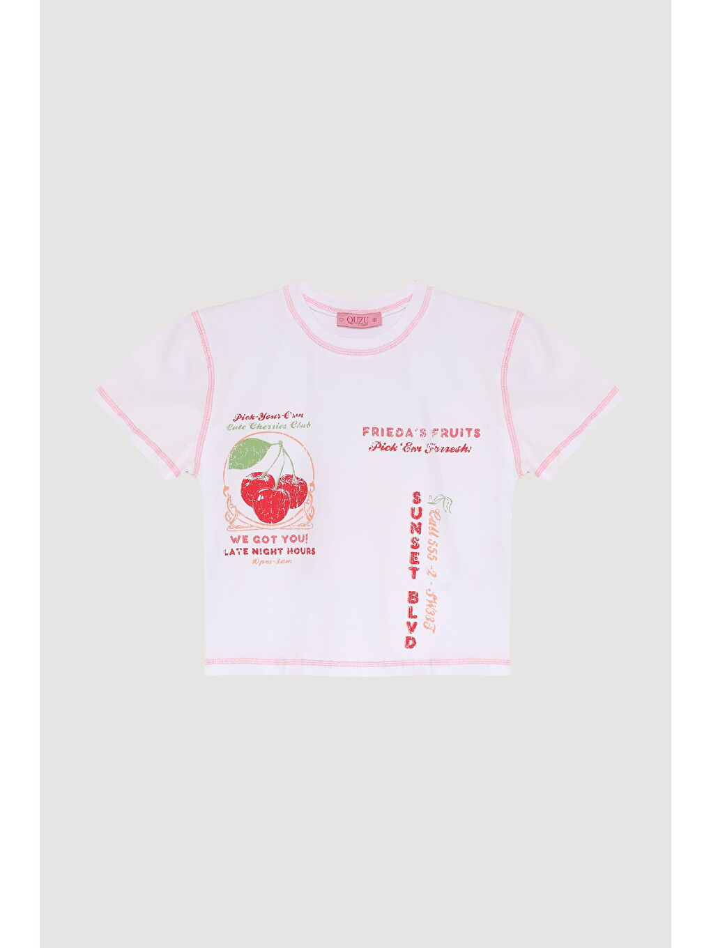 Renkli Kiraz Baskılı Kısa Kol Crop Tişört Beyaz