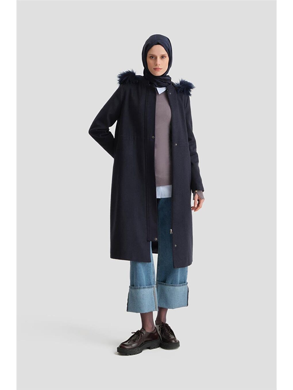 Kapüşonu Kürklü Kaban 24K7616 Lacivert