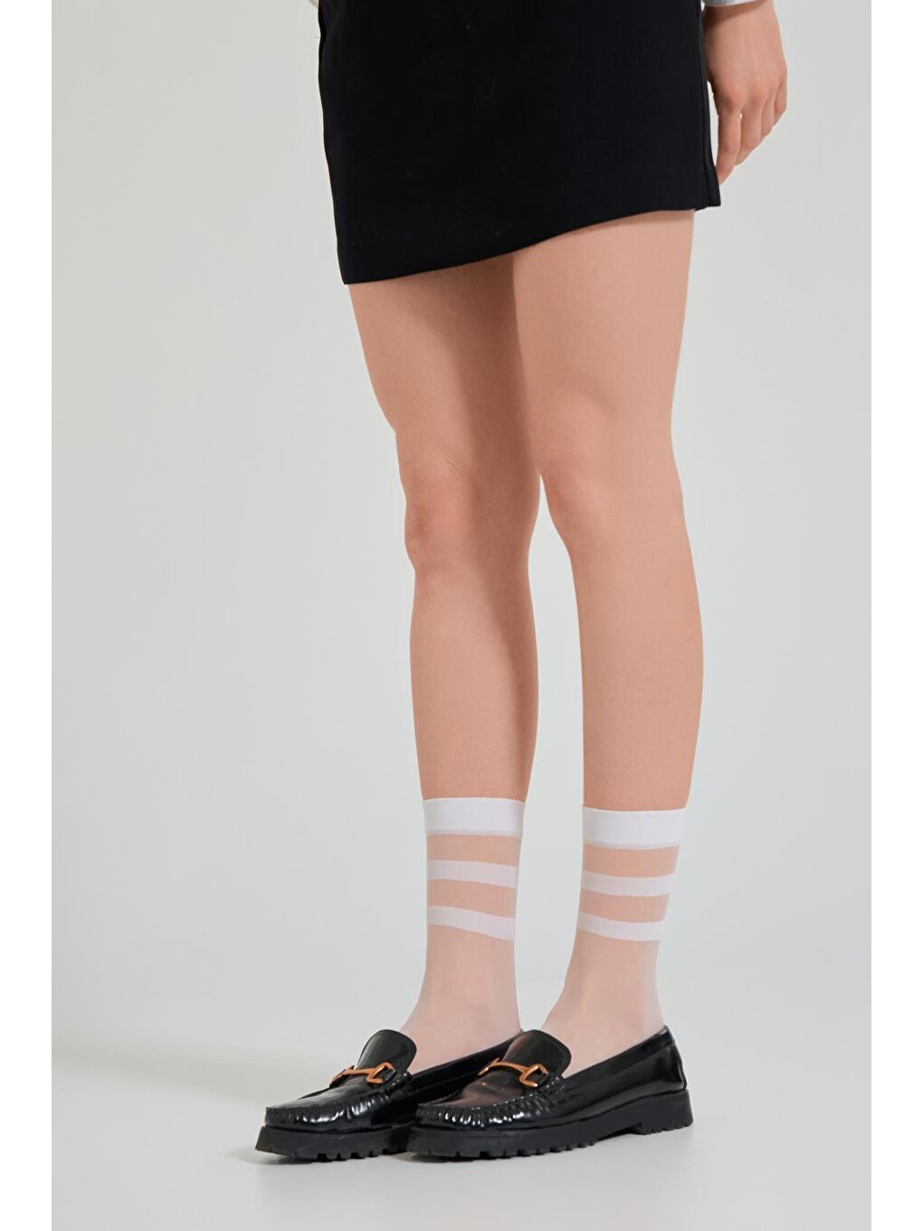 Kadın Kalın Şeritli İnce Soket Çorap Beyaz-1