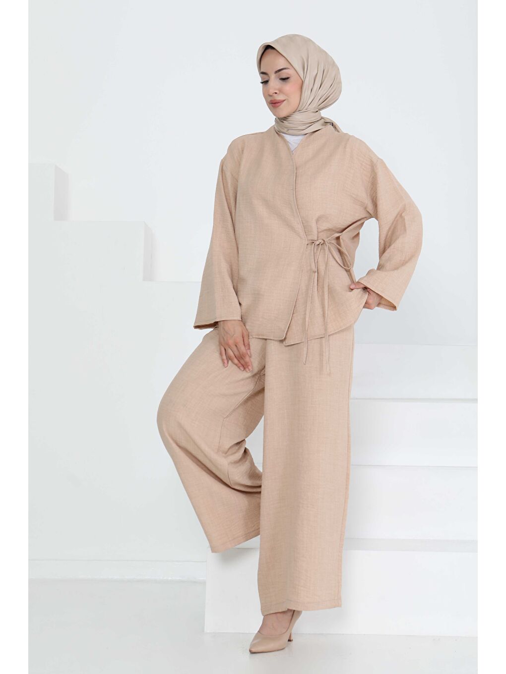 Bağlamalı Ceket Pantolon Bej - 27258-1