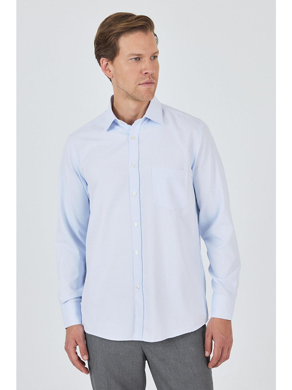 Mavi Uzun Kol Desenli Armürlü Sert Yaka Cepli Pamuklu Classic Comfort Fit Gömlek 1004250183-1