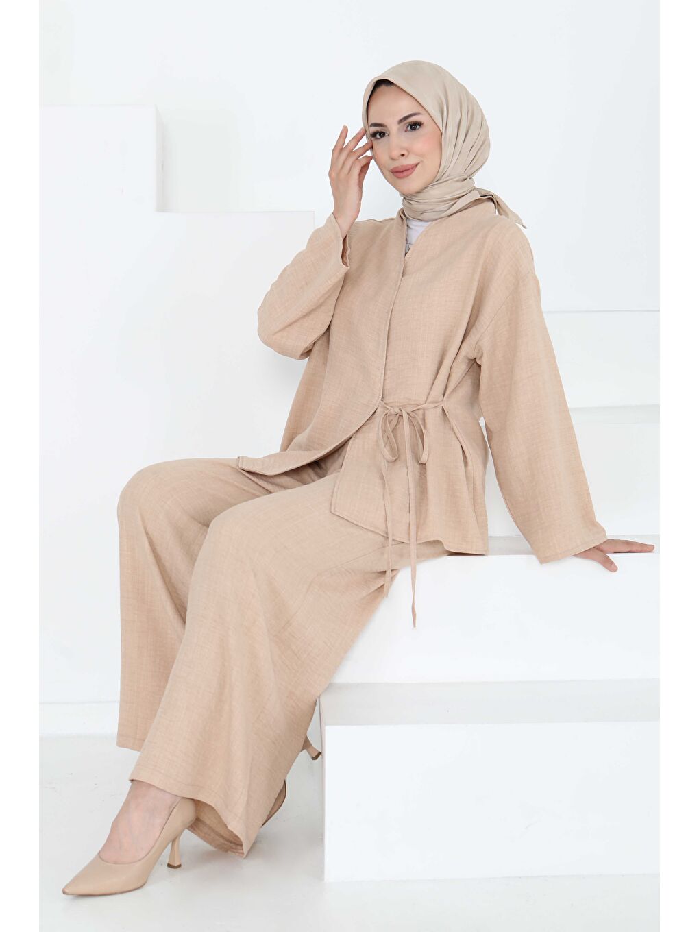 Bağlamalı Ceket Pantolon Bej - 27258-2