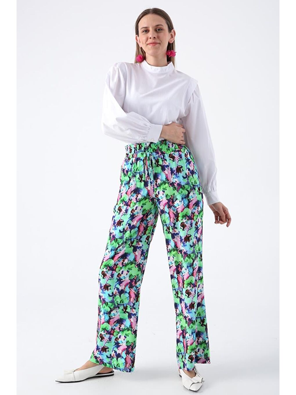 Yeşil-Pembe-Desenli Beli Lastikli Rahat Kalıp Viskon Pantolon-1