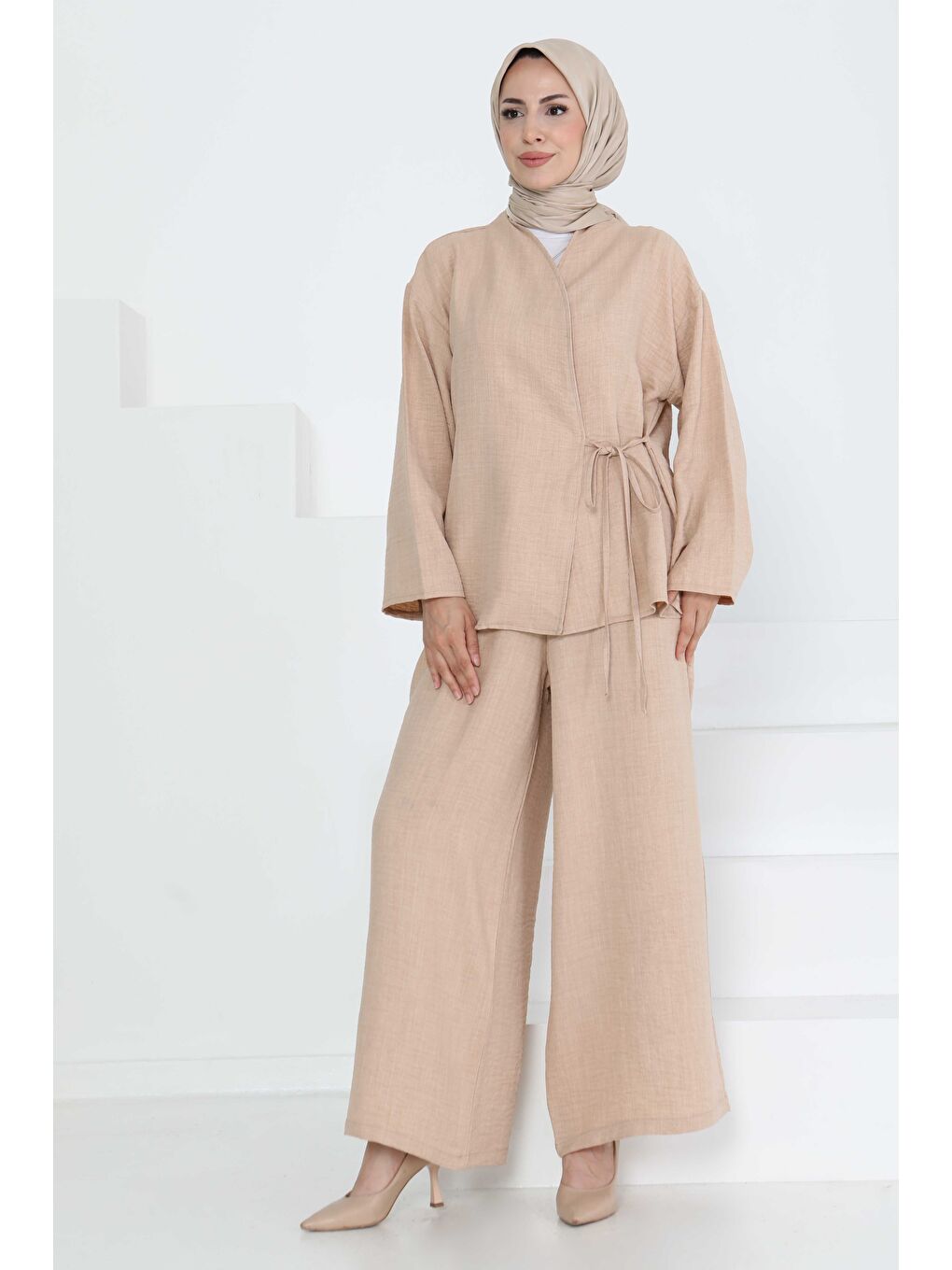 Bağlamalı Ceket Pantolon Bej - 27258-3