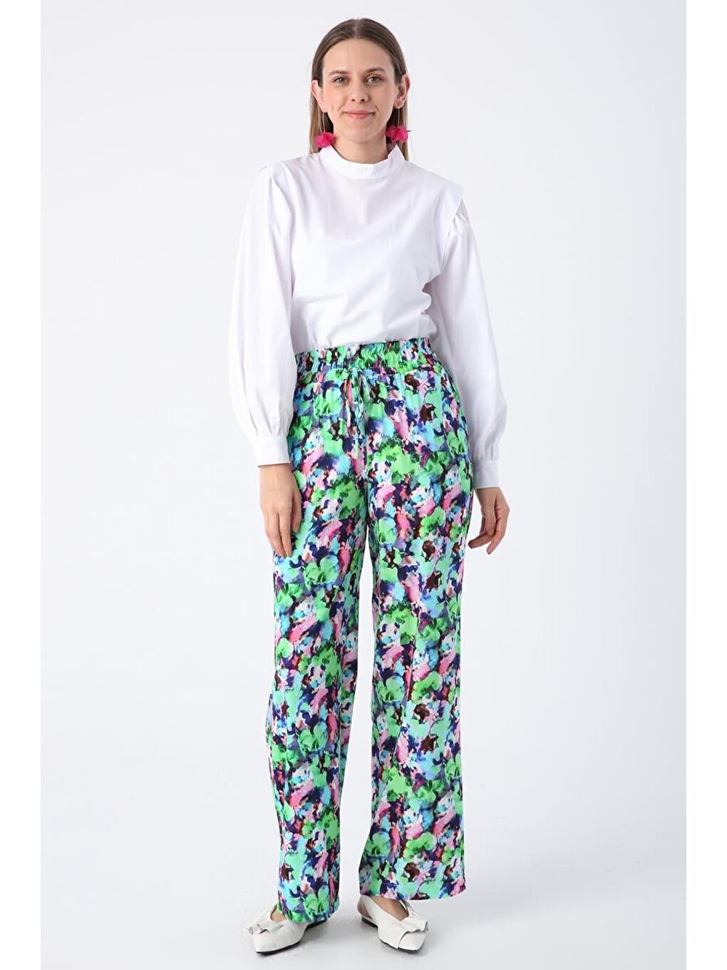 Yeşil-Pembe-Desenli Beli Lastikli Rahat Kalıp Viskon Pantolon-2