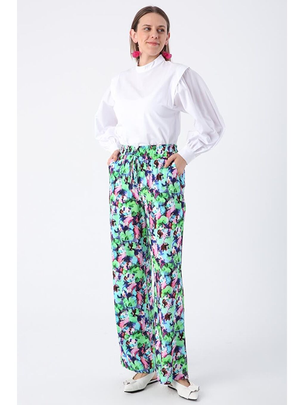 Yeşil-Pembe-Desenli Beli Lastikli Rahat Kalıp Viskon Pantolon-3