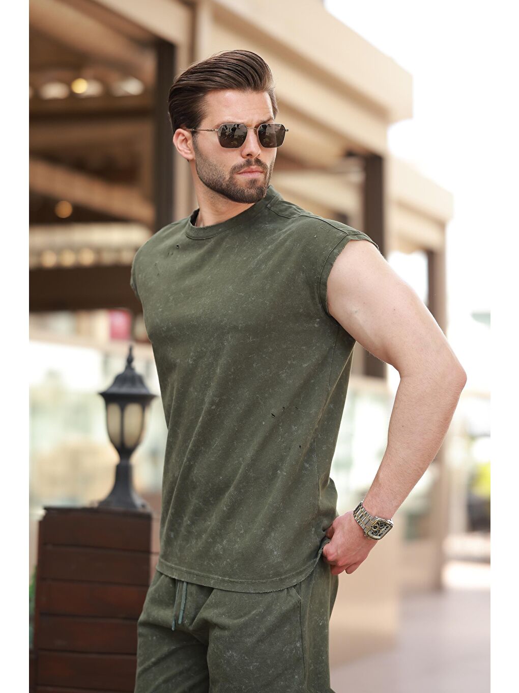 Haki Basic Erkek Yırtık Detaylı Şort T-Shirt Takım E7319-2