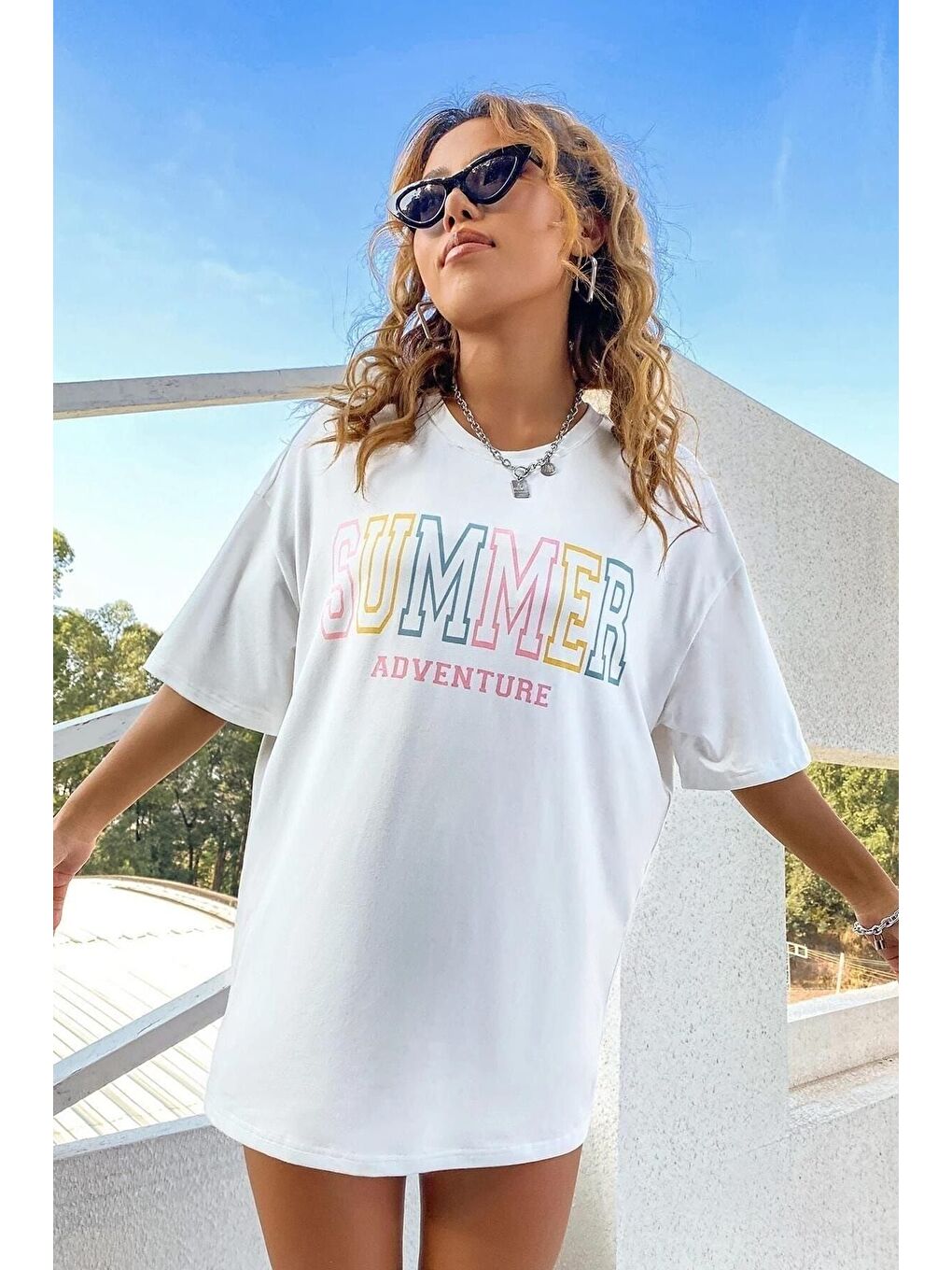 Kadın Summer Baskılı Oversize Beyaz T shirt
