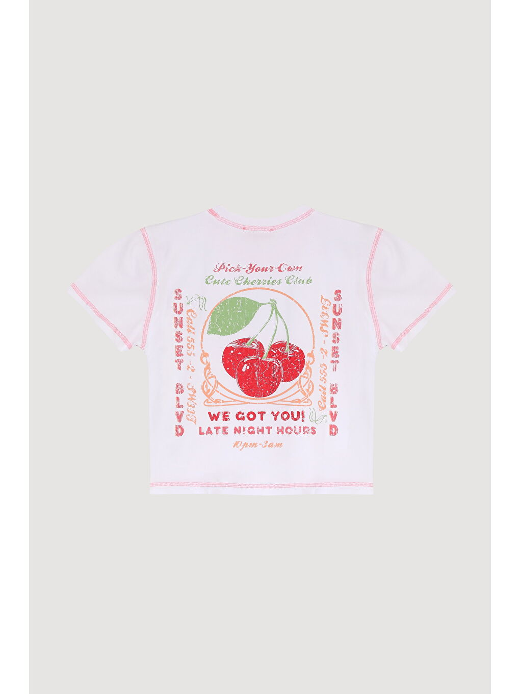 Renkli Kiraz Baskılı Kısa Kol Crop Tişört Beyaz-3