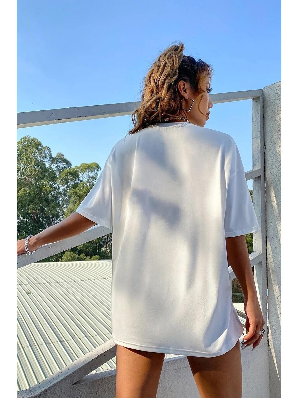 Kadın Summer Baskılı Oversize Beyaz T shirt-1