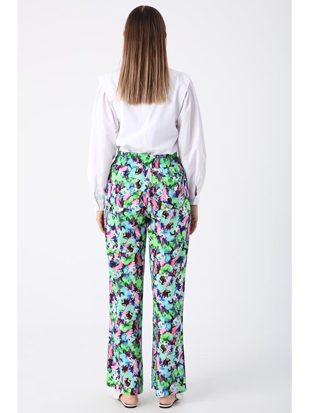 Yeşil-Pembe-Desenli Beli Lastikli Rahat Kalıp Viskon Pantolon-4