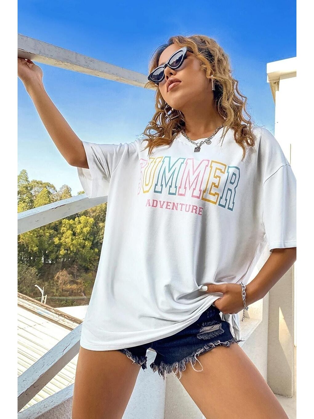 Kadın Summer Baskılı Oversize Beyaz T shirt-2