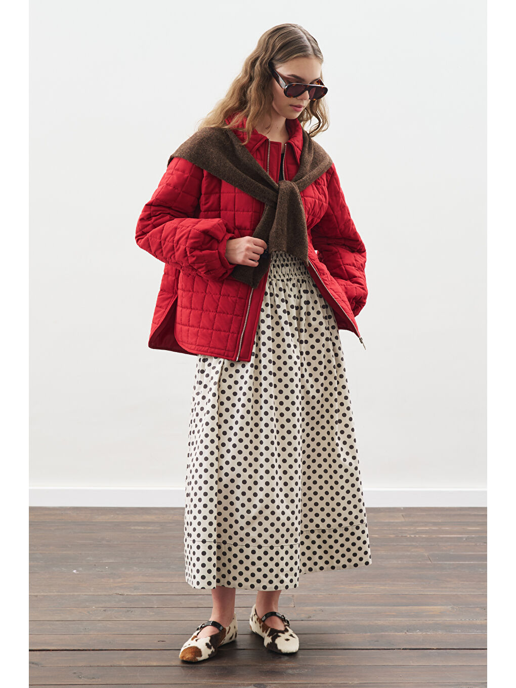 Puantiyeli Beli Büzgülü Etek Ekru-6