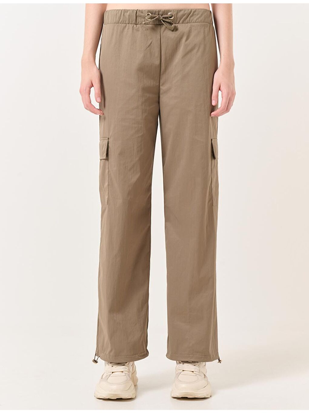 Haki Yüksek Bel Cepli Paraşüt Pantolon-6
