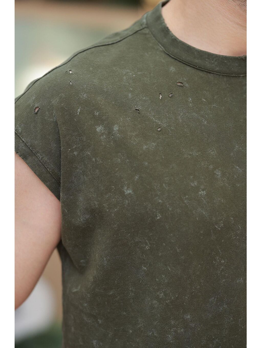 Haki Basic Erkek Yırtık Detaylı Şort T-Shirt Takım E7319-3