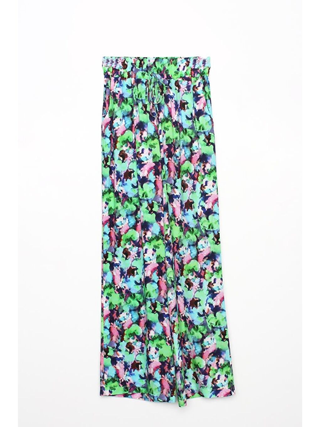 Yeşil-Pembe-Desenli Beli Lastikli Rahat Kalıp Viskon Pantolon-5