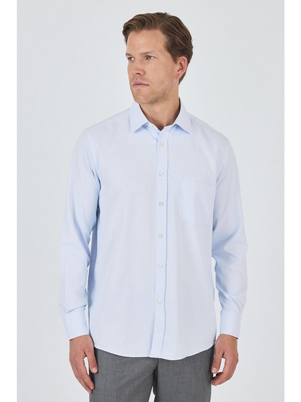 Mavi Uzun Kol Desenli Armürlü Sert Yaka Cepli Pamuklu Classic Comfort Fit Gömlek 1004250183-3