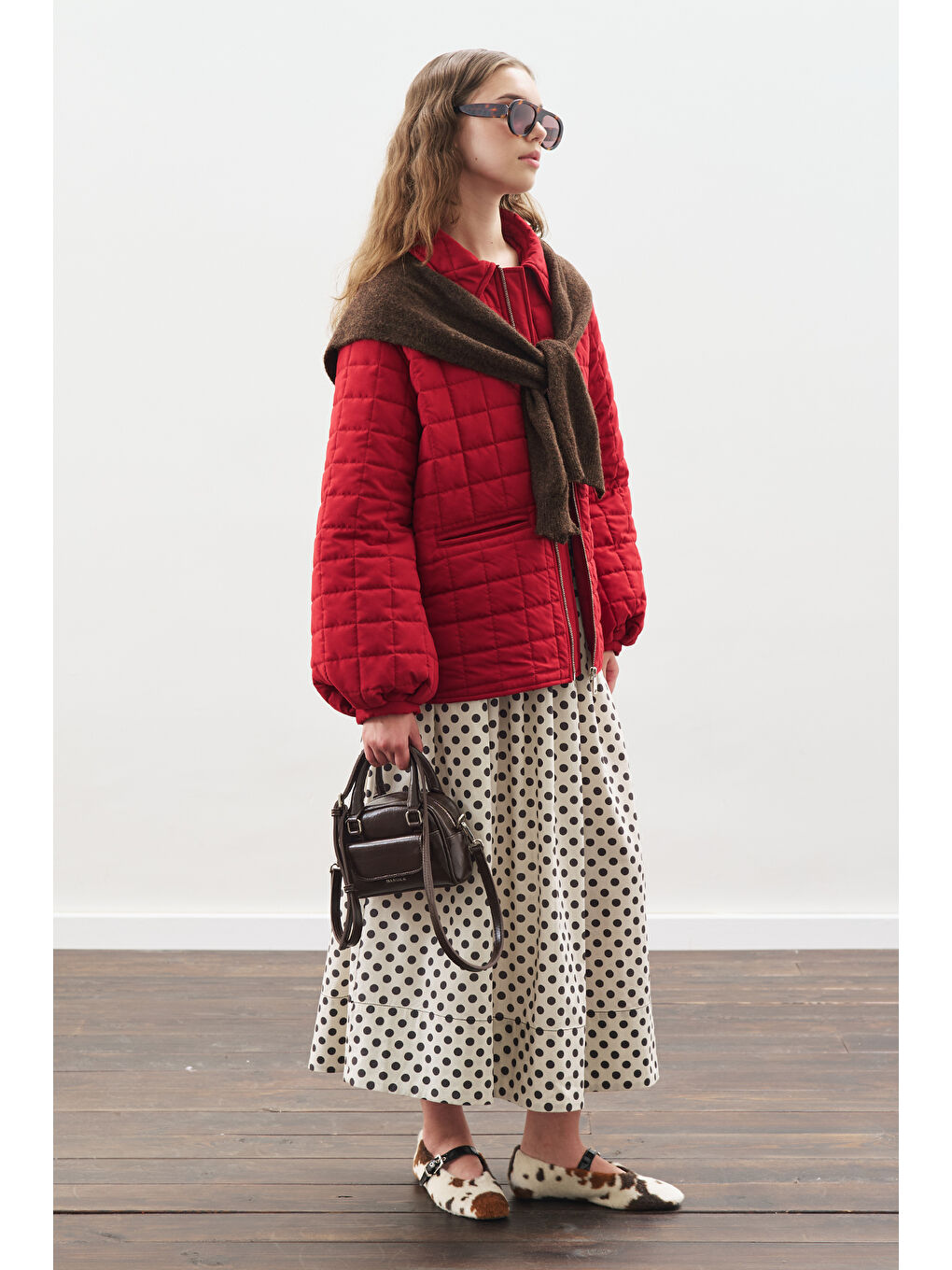 Puantiyeli Beli Büzgülü Etek Ekru-7