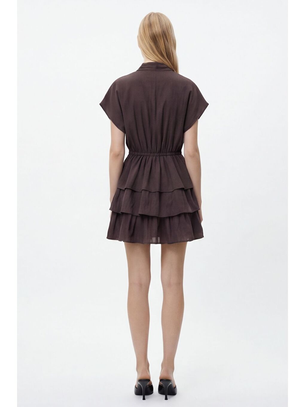 Fular Yaka Fırfırlı Mini Elbise Kahverengi-3
