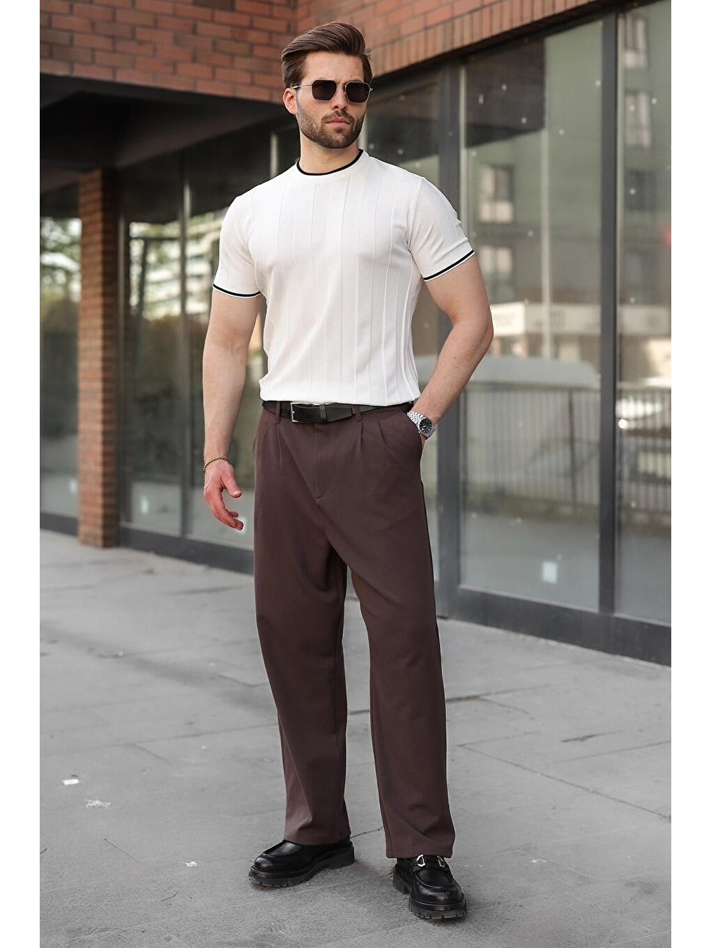 Beyaz Bisiklet Yaka Regular Fit Triko Erkek Tişört E7487-1
