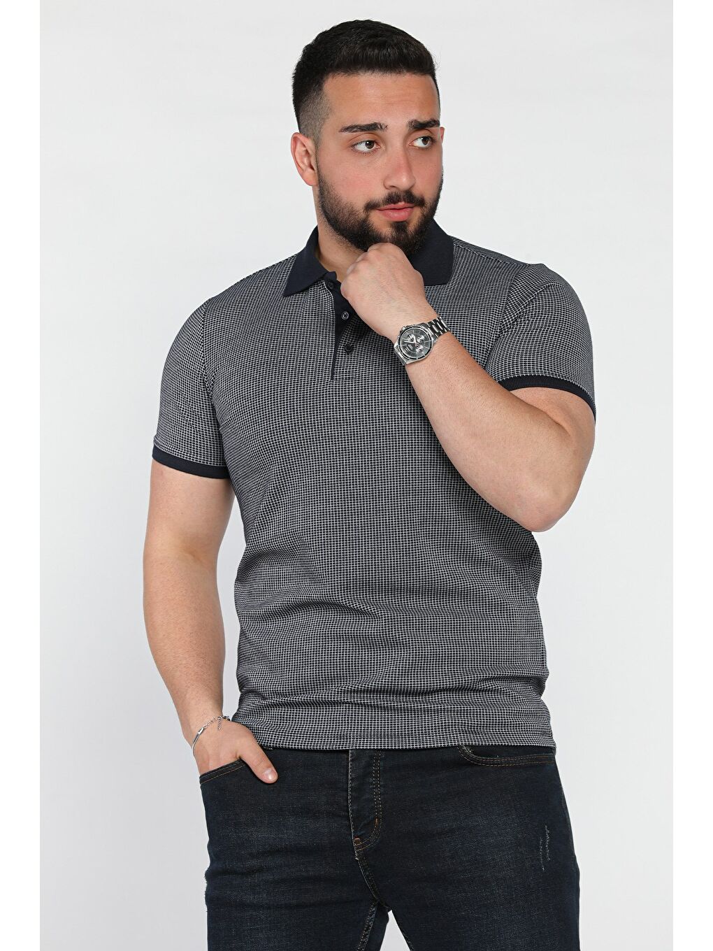 Lacivert Erkek Polo Yaka Yarım Düğmeli Tişört-1