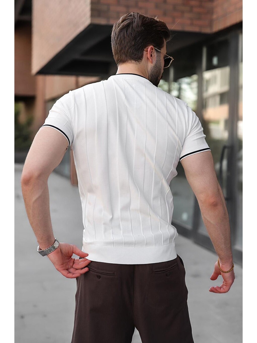 Beyaz Bisiklet Yaka Regular Fit Triko Erkek Tişört E7487-2
