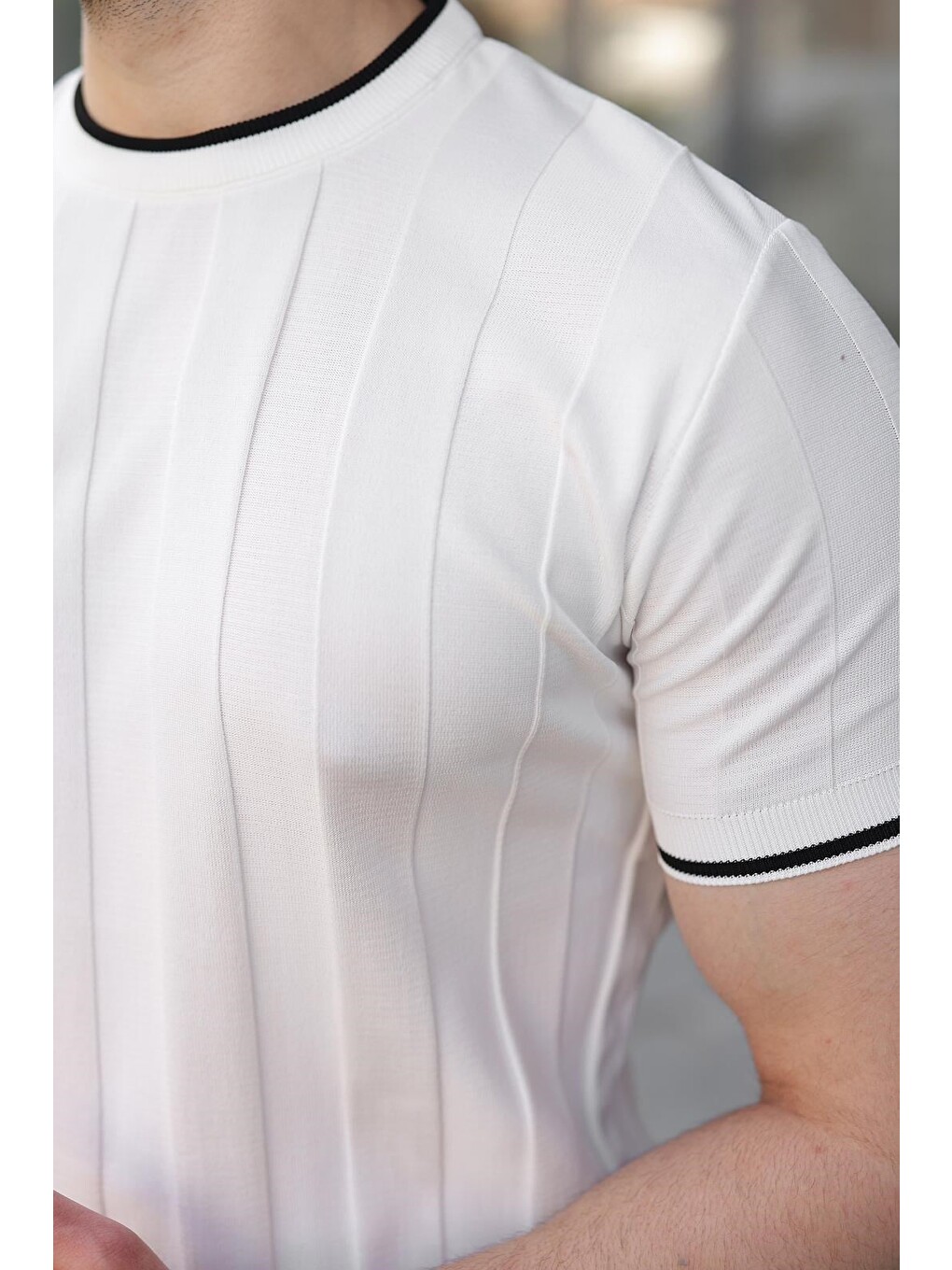 Beyaz Bisiklet Yaka Regular Fit Triko Erkek Tişört E7487-3