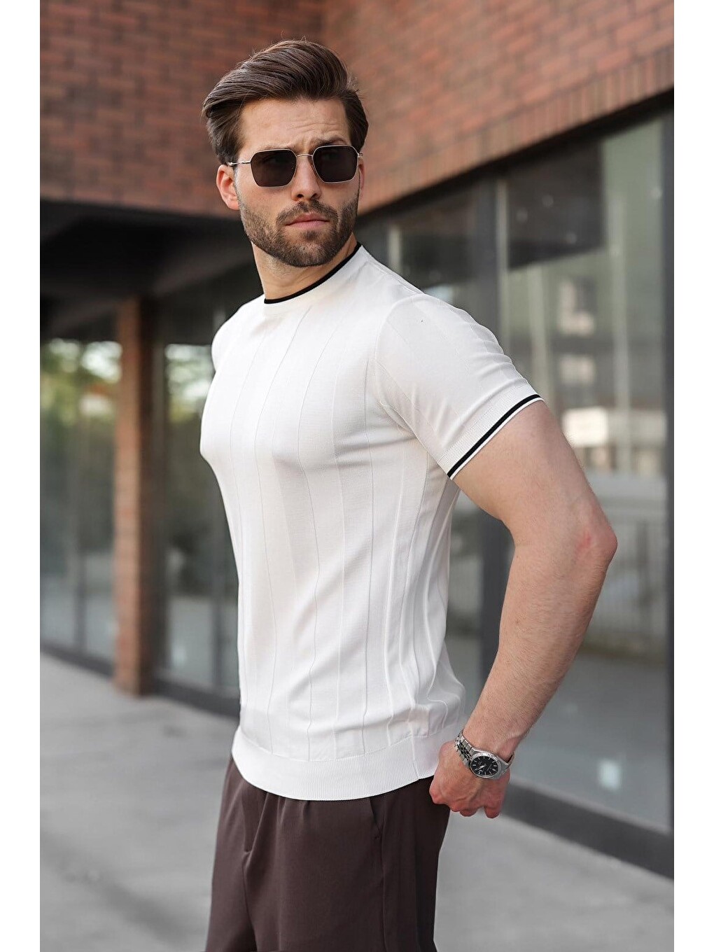 Beyaz Bisiklet Yaka Regular Fit Triko Erkek Tişört E7487-4