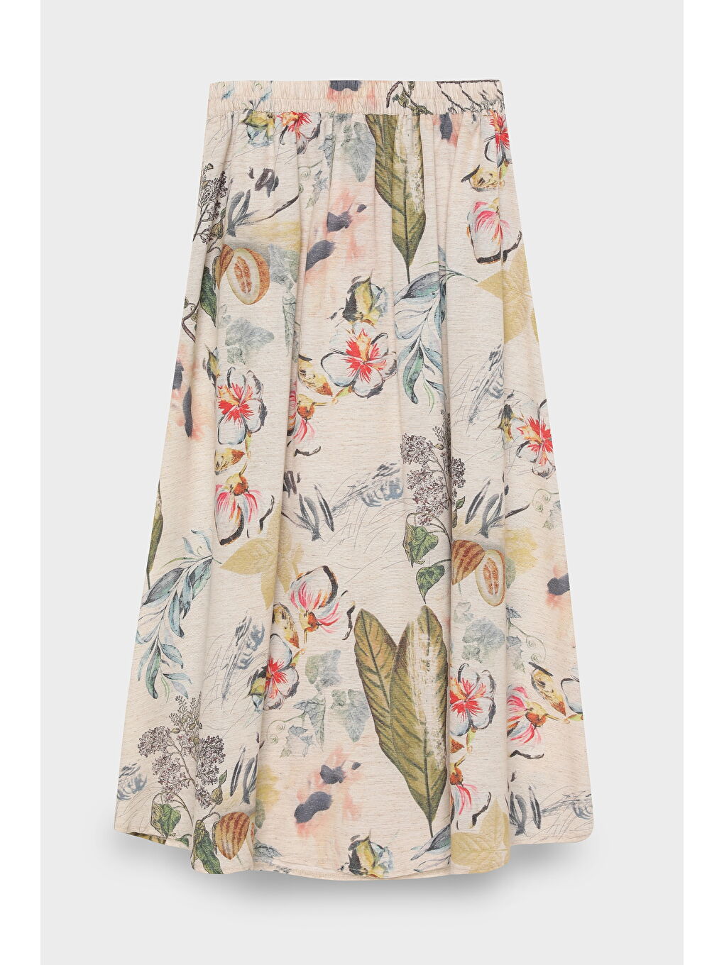 Bej Çiçek Desenli Pileli Midi Boy Etek Naturel