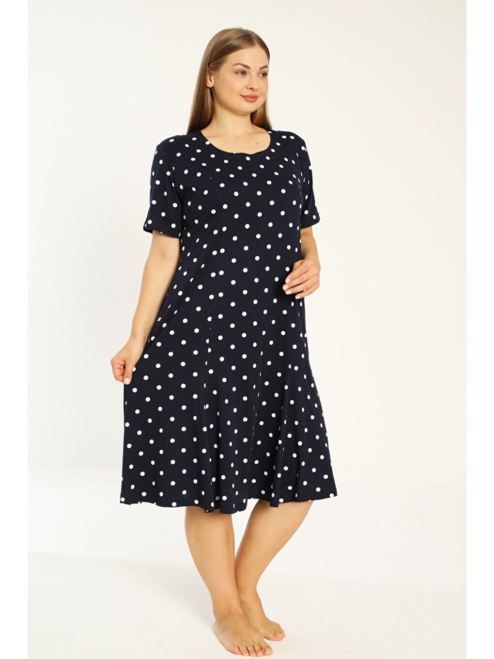 Lacivert Puantiyeli Kısa Kollu Cepli Pamuklu Büyük Beden Elbise-1