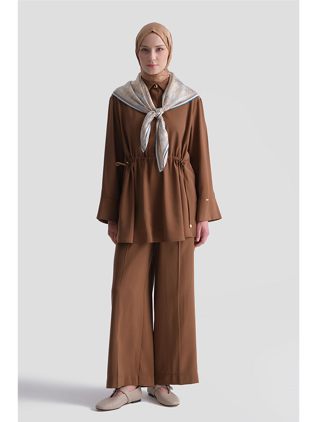 Kahverengi Beli Büzgülü Takım Camel-6