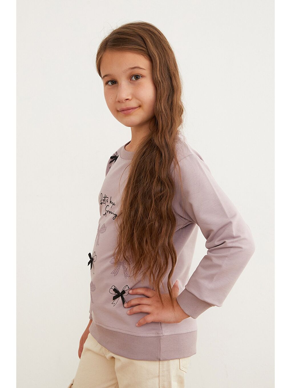 Lila Kurdele Baskılı Bisiklet Yaka Kız Çocuk Sweatshirt-1