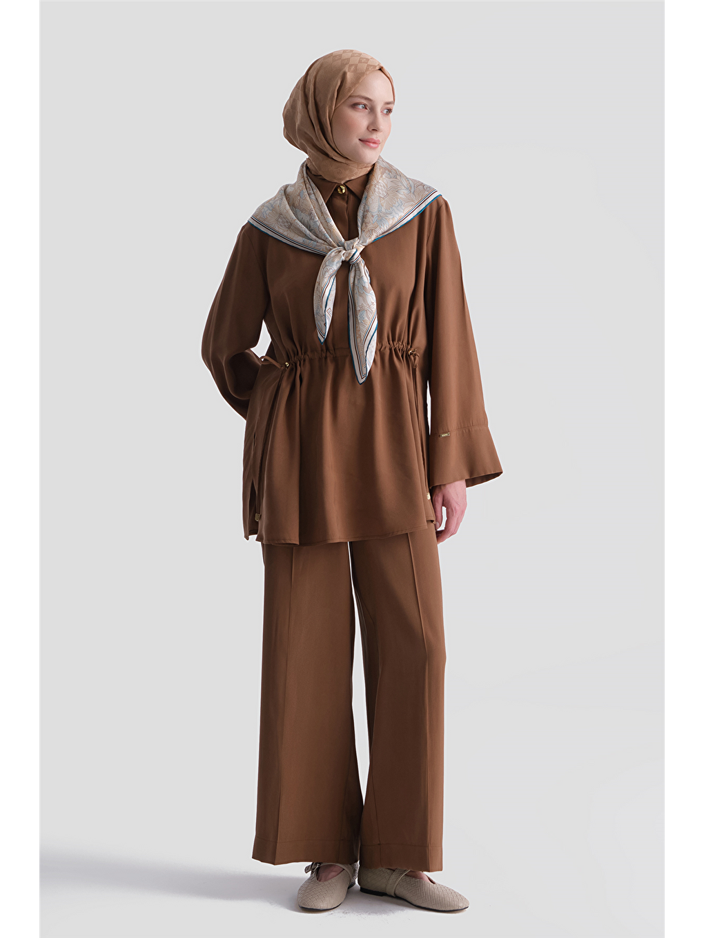 Kahverengi Beli Büzgülü Takım Camel-7