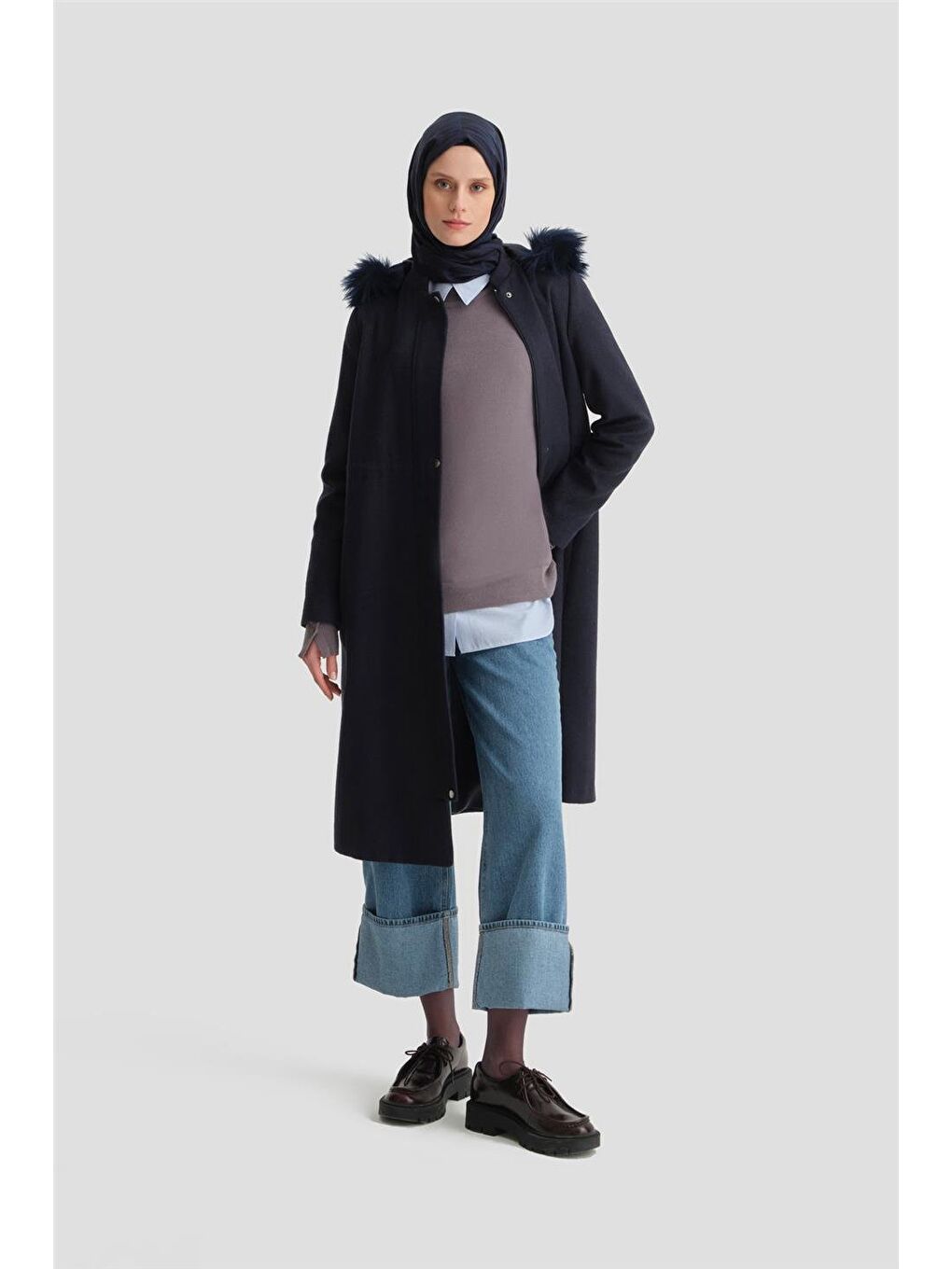 Kapüşonu Kürklü Kaban 24K7616 Lacivert-3