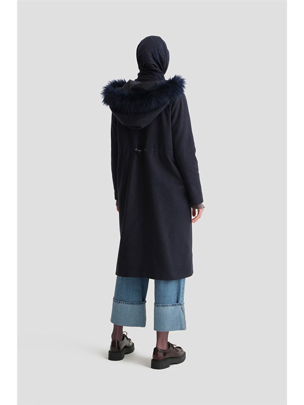 Kapüşonu Kürklü Kaban 24K7616 Lacivert-4