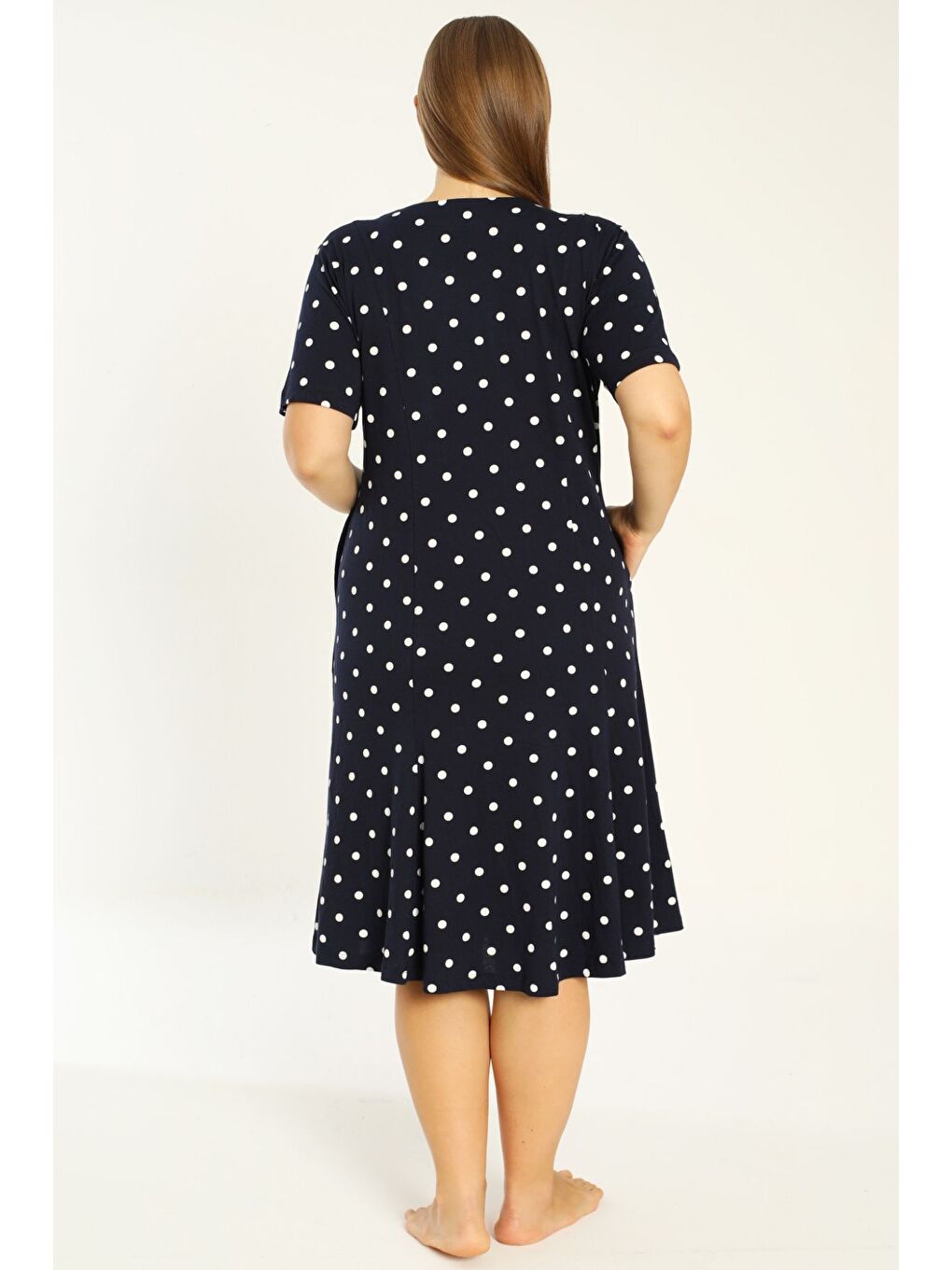Lacivert Puantiyeli Kısa Kollu Cepli Pamuklu Büyük Beden Elbise-3