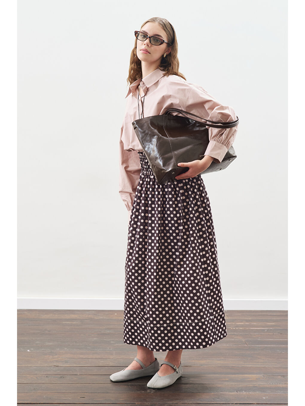 Puantiyeli Beli Büzgülü Etek Kahverengi-2