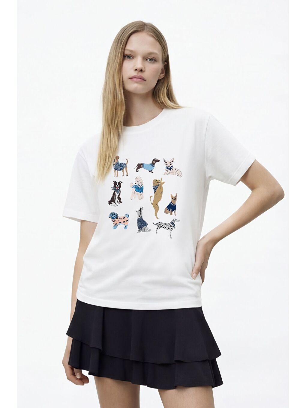 Köpek Figürlü Oversize Tişört Ekru