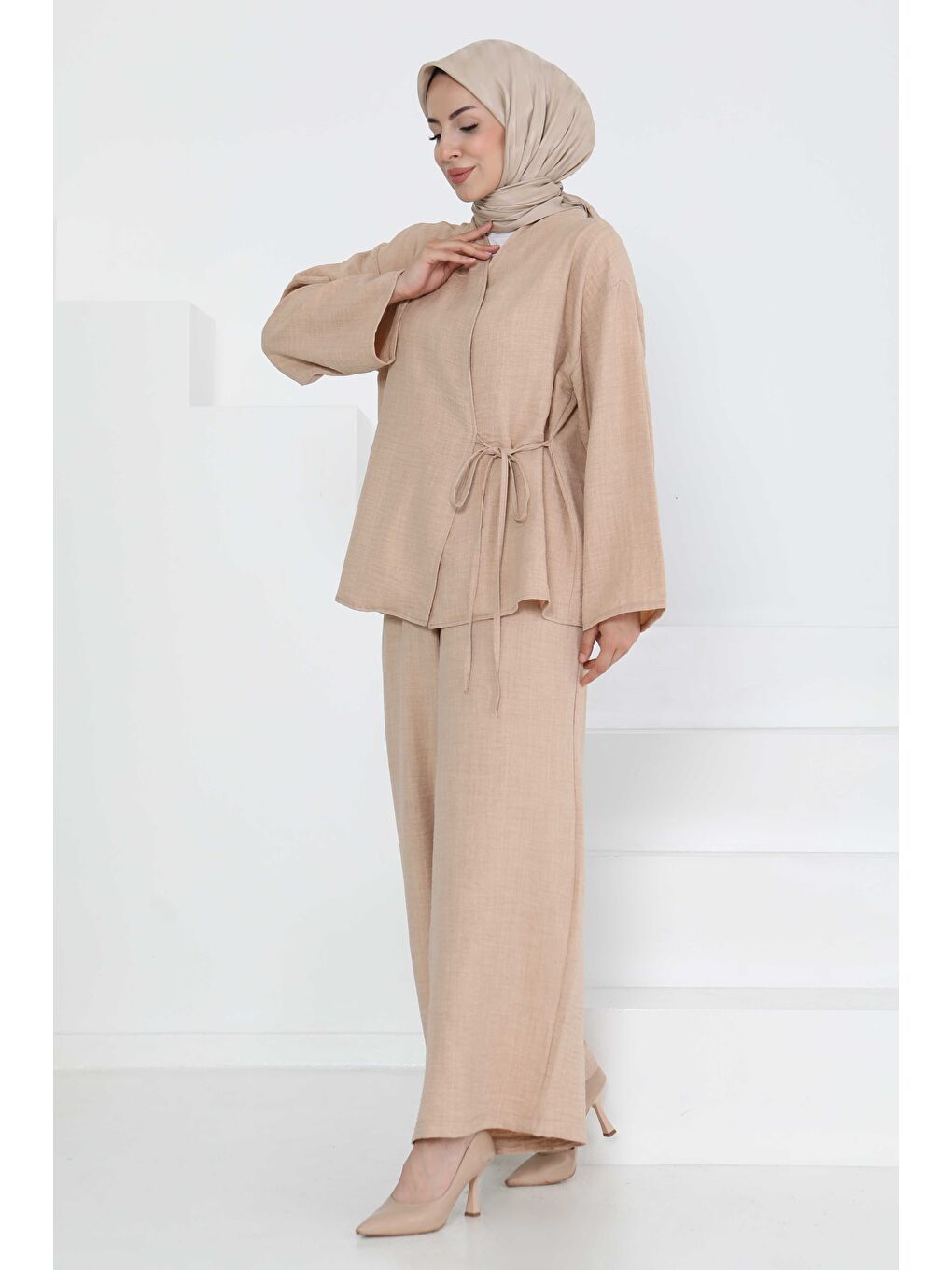 Bağlamalı Ceket Pantolon Bej - 27258-6