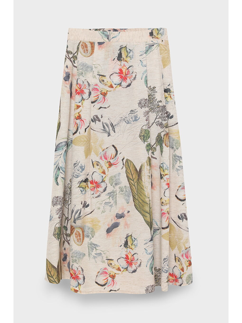 Bej Çiçek Desenli Pileli Midi Boy Etek Naturel-2