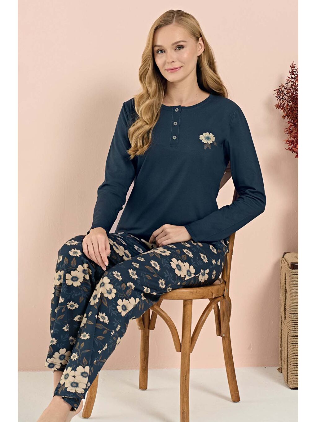 Kadın Penye Uzun Kol Pijama Takımı 3207 Lacivert