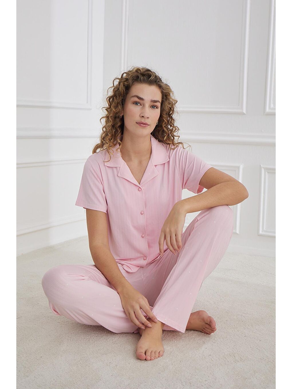 Kadın Polo Yaka Önden Düğmeli Pijama Takım | Pembe 80602-658-1