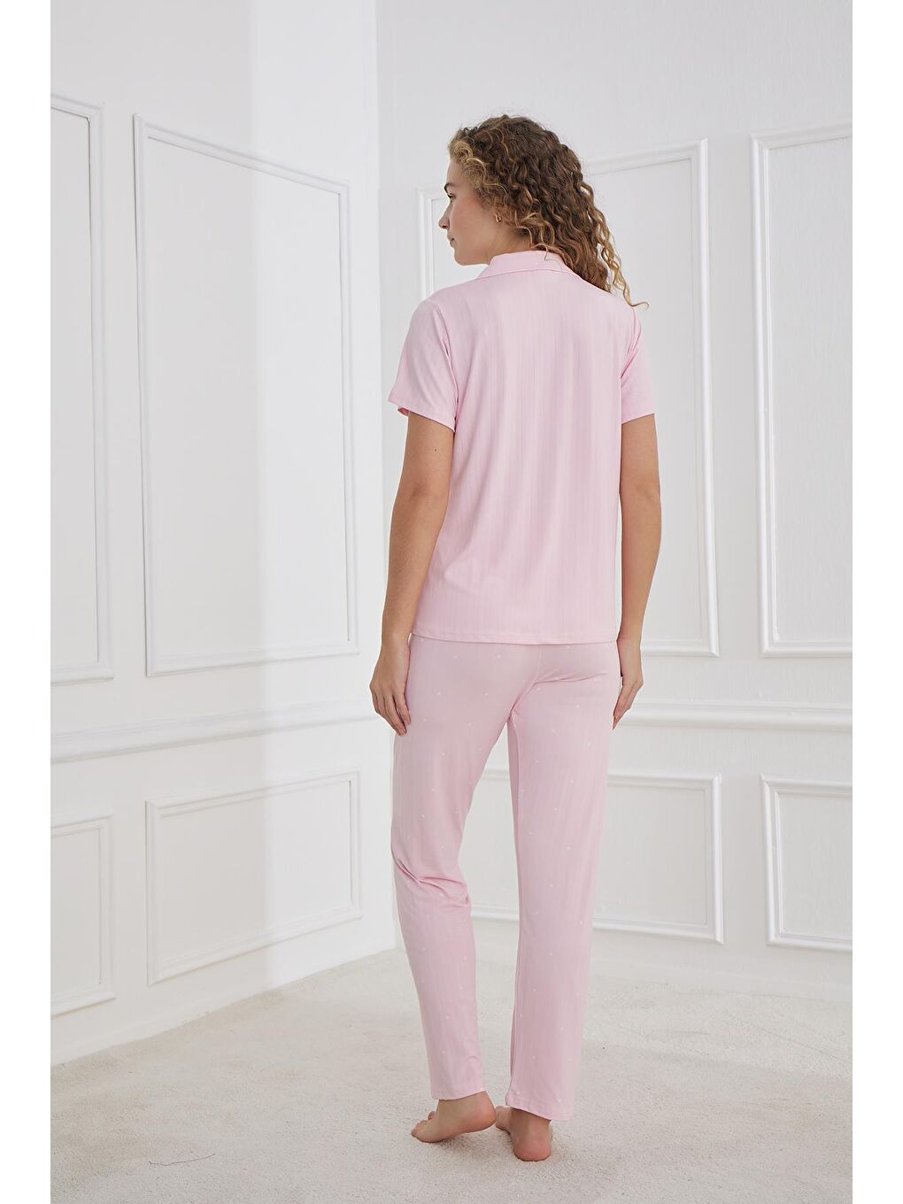 Kadın Polo Yaka Önden Düğmeli Pijama Takım | Pembe 80602-658-2