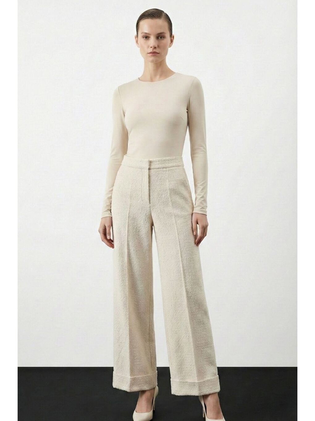 Geniş Double Paça Simli Ekru Tüvit Pantolon