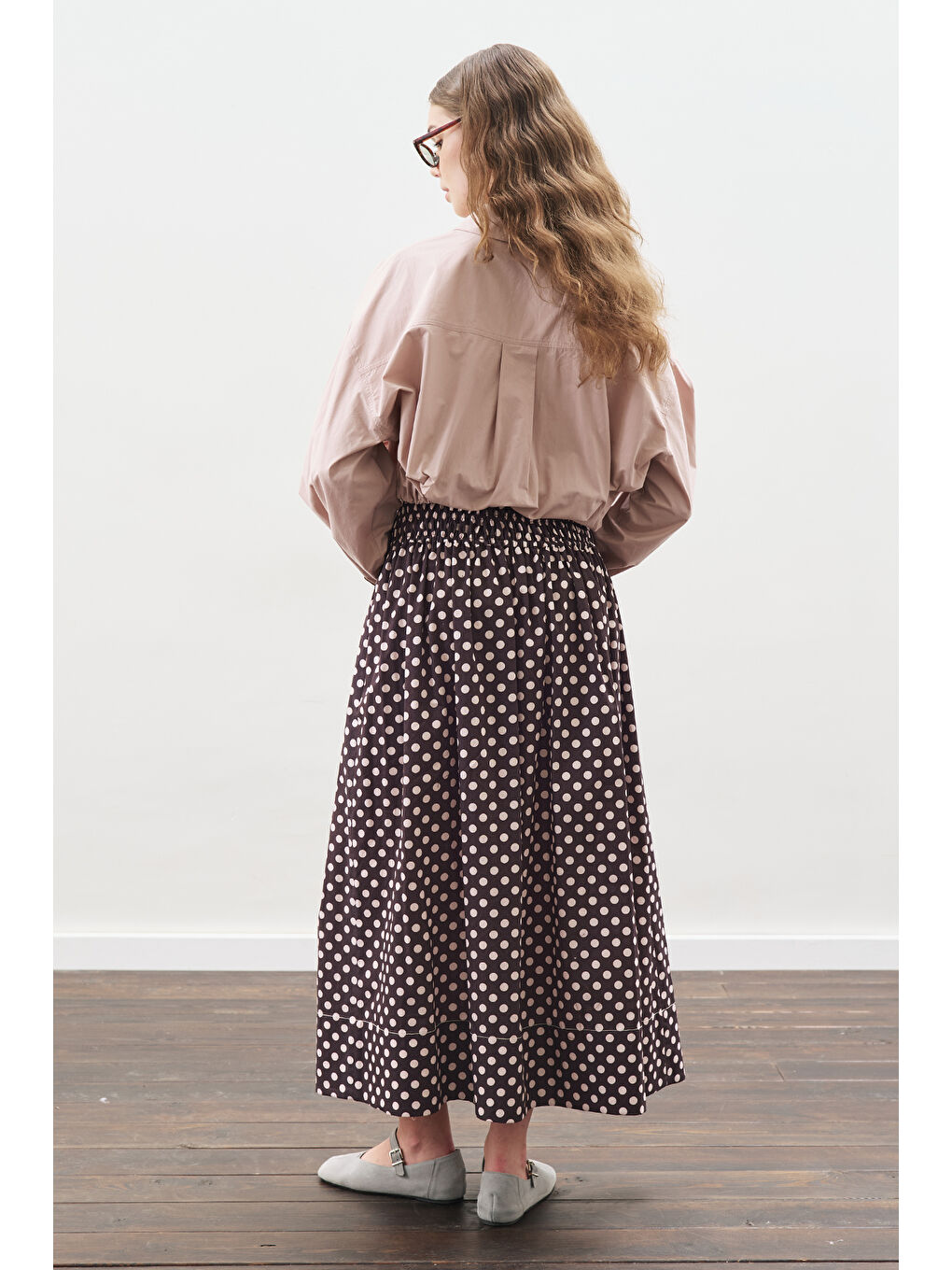 Puantiyeli Beli Büzgülü Etek Kahverengi-5