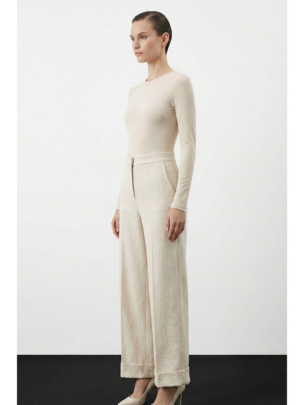 Geniş Double Paça Simli Ekru Tüvit Pantolon-1